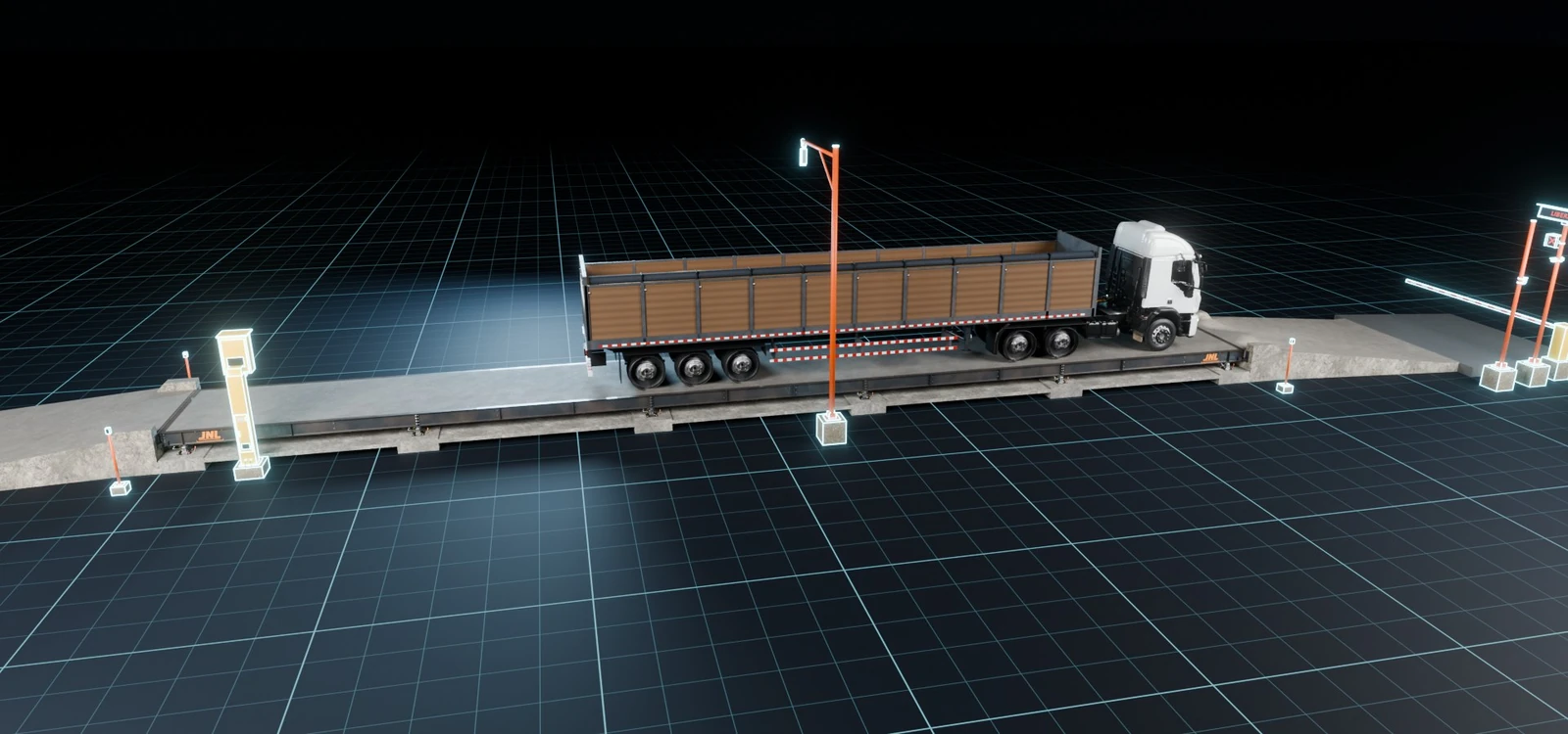 Carreta de grãos sobre a balança rodoviária SMARTFORCE, com cancelas, semáforos, câmeras e totem da automação, em cena 3D