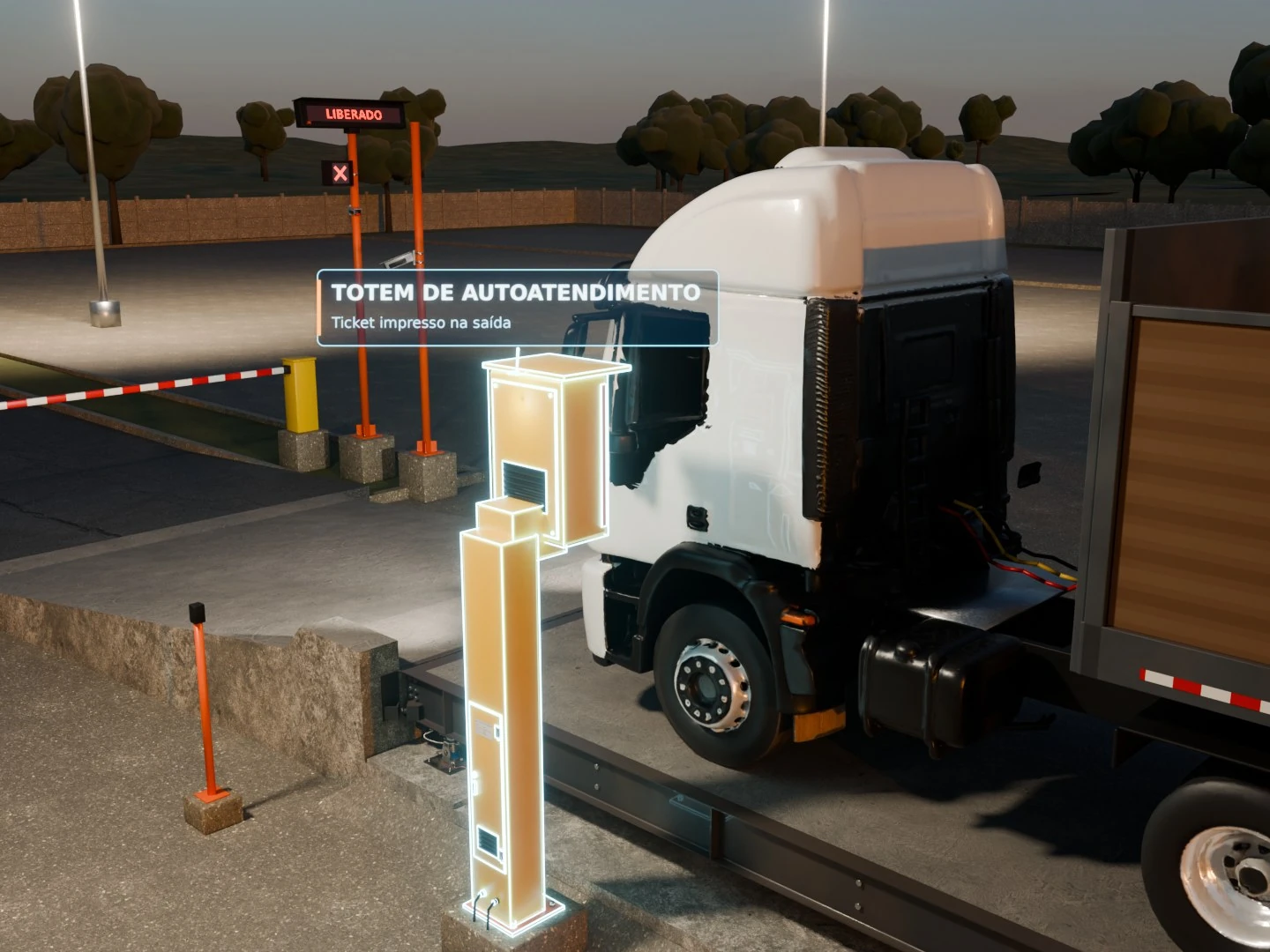 Totem de autoatendimento ao lado da cabine do caminhão, em cena 3D