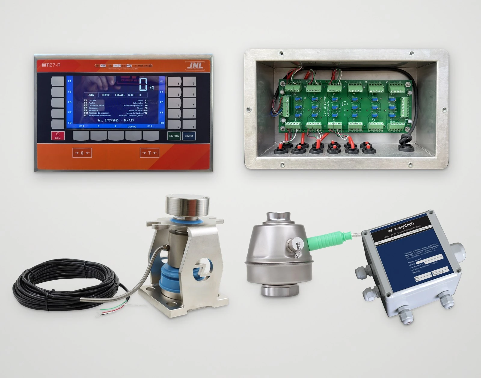 Células de carga digitais DHM14H e BSDS, caixa de junção inox, indicador WT27-R e PesoNet, equipamentos das balanças JNL